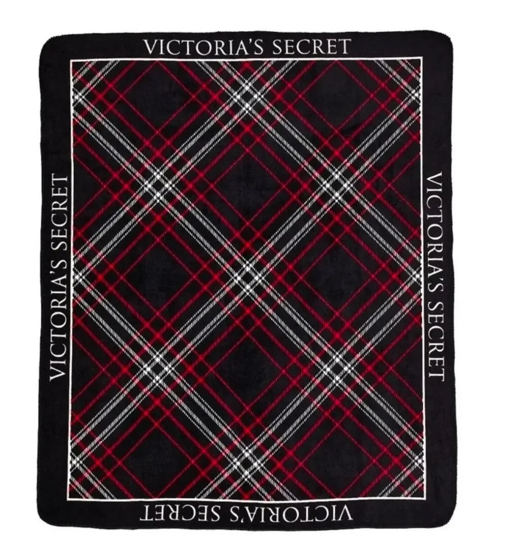 Victoria's Secret Black and Red Plaid Cozy Plush Fleece Sherpa Throw Blanket
